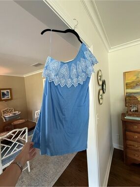 One-Shoulder Blue Dress with White Lace Trim - Mud Pie
